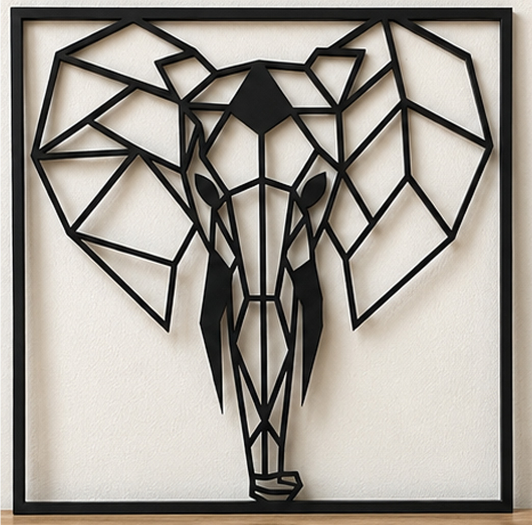 Detalle del cuadro de elefante geométrico en madera