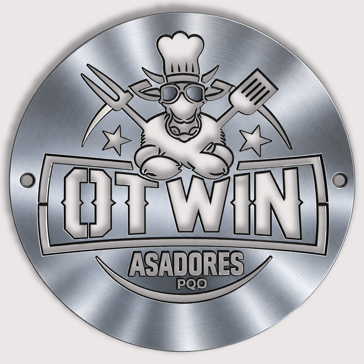 Logo circular en metal de OTWIN Asadores, vista frontal